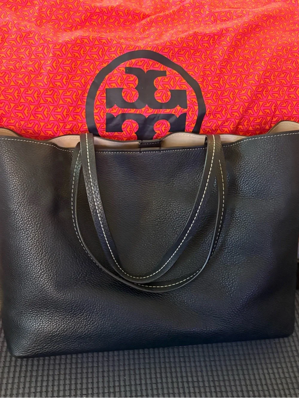 Tory Burch Black Perforated Logo Pebbled Leather Tote